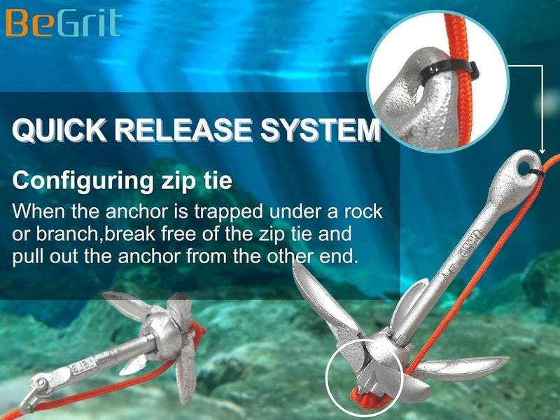 BeGrit مرساة قارب BeGrit بوزن 1.5 رطل - مرساة بحرية قابلة للطي للقوارب الصغيرة للصيد، الكاياك، لوح التجديف، الكانو، جت سكي، مع حبل سحب بطول 32.8 قدم وحقيبة حمل. - Image 5